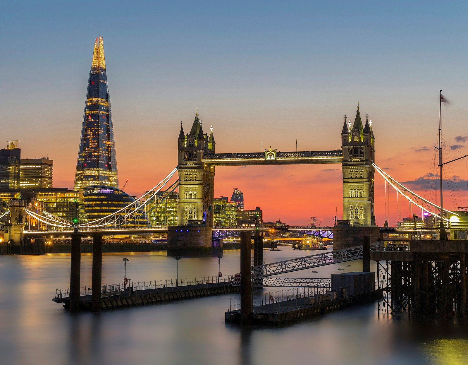 London skyline at dusk featuring Tower Bridge, The Shard and the City of London financial district
